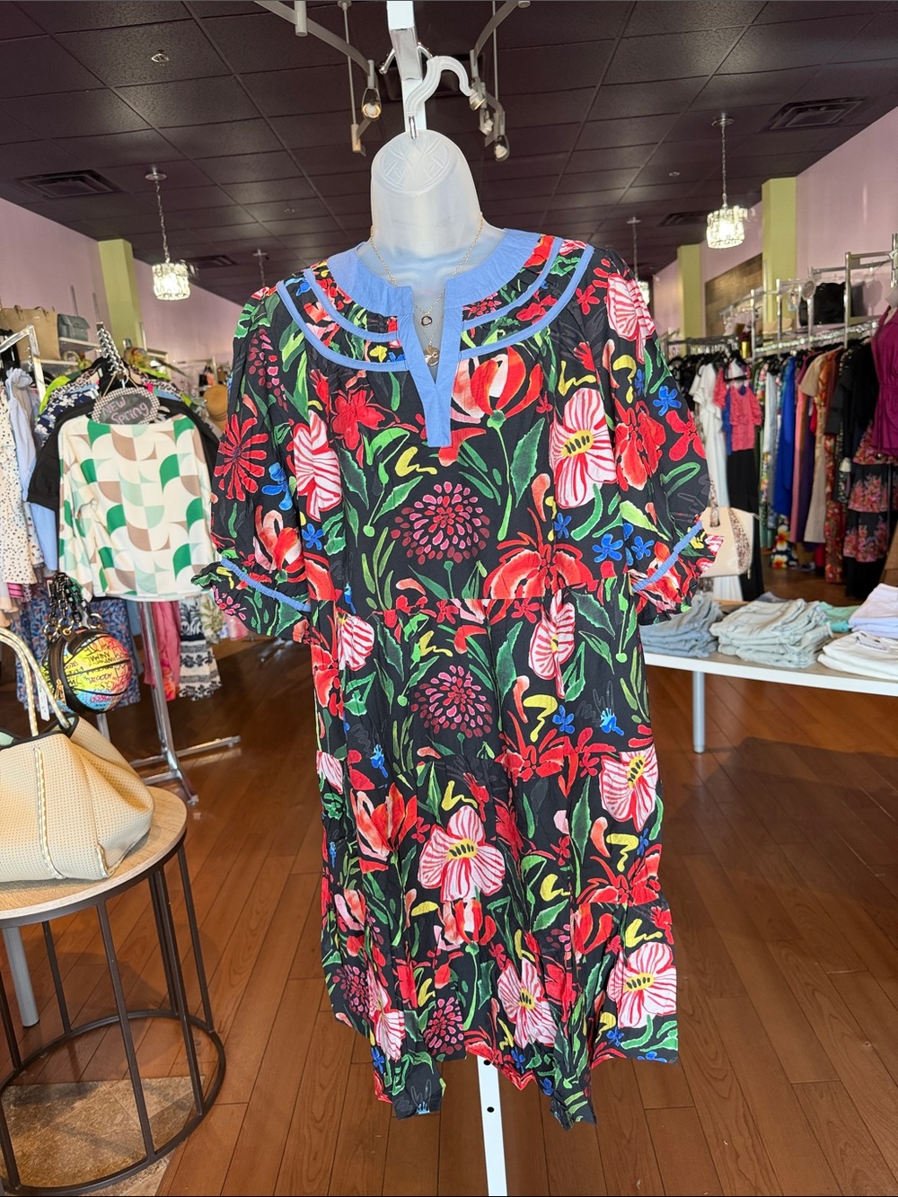 Floral Cotton Tunic Dress with Blue Trim - Black Multi